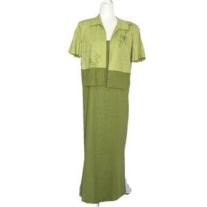 Jessica Howard Green Embroidered Linen Blend 2pc Dress Set / 12